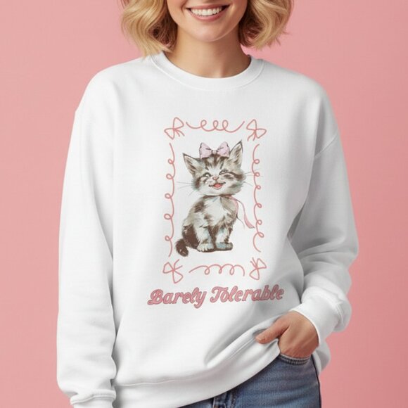 Barely Tolerable Coquette Kitten Sweatshirt Pink Cat Girly Graphic Sweater - Picture 1 of 6